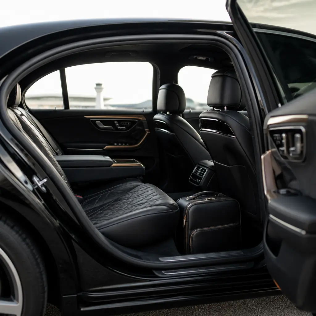 Refined rear passenger interior of a luxury airport car